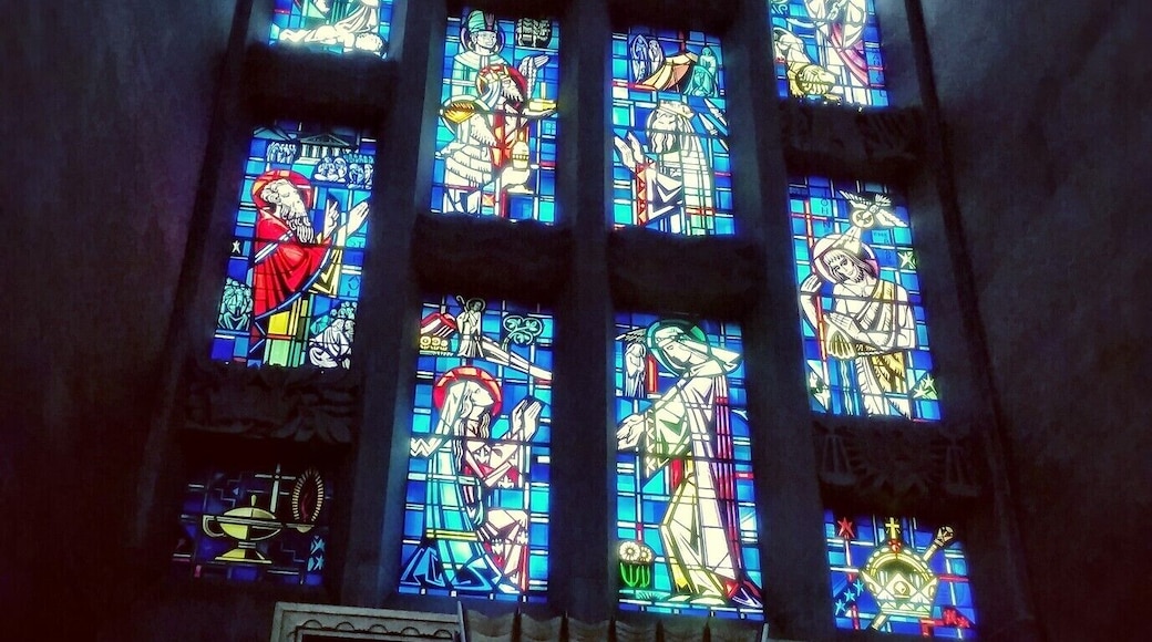 Beautiful stained glass windows inside the Cathedral of Mary Our Queen.