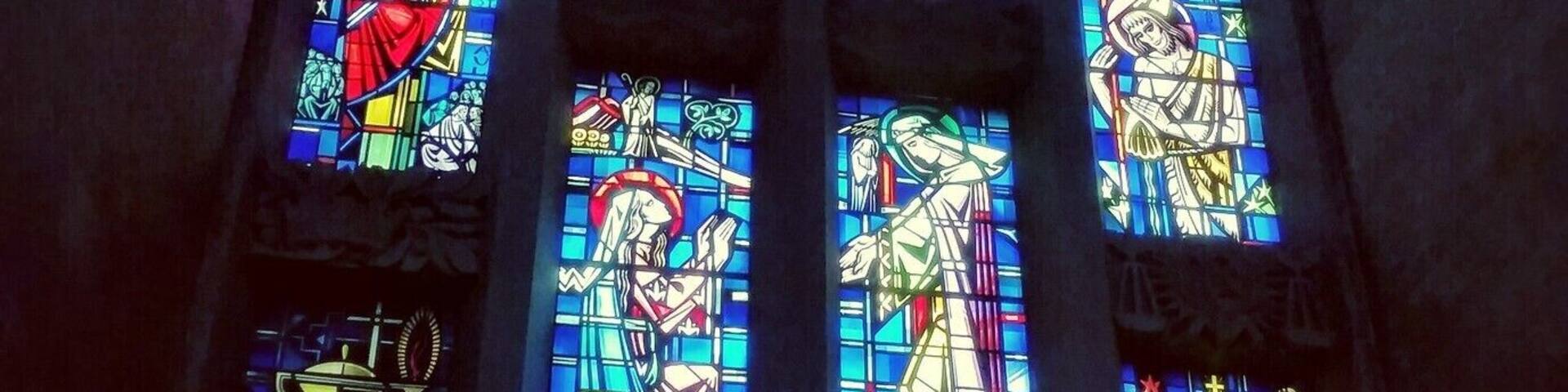 Beautiful stained glass windows inside the Cathedral of Mary Our Queen.