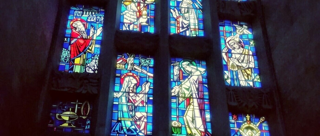 Beautiful stained glass windows inside the Cathedral of Mary Our Queen.