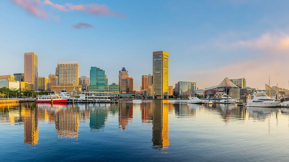A city skyline with high-rise buildings and a marina with boats.