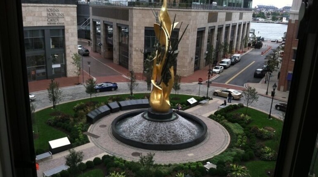 Great traffic circle, artwork, water fall and view of the Inner Harbor!