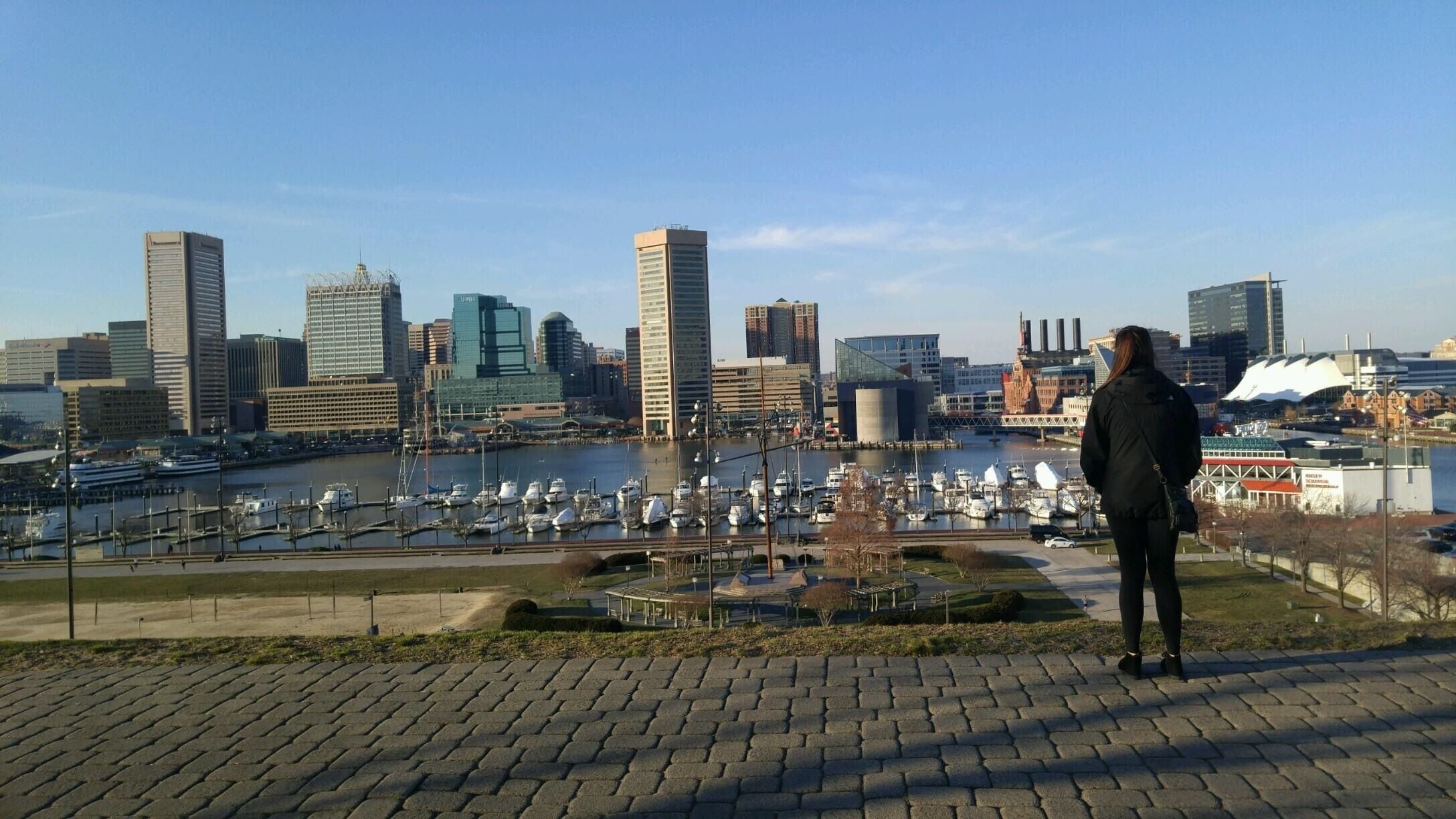 Un paisaje urbano con edificios modernos, una marina con barcos y una persona de pie en una zona pavimentada con vista a la escena.