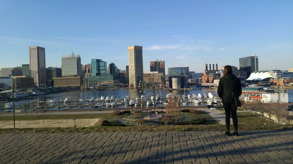 Un paisaje urbano con edificios modernos, una marina con barcos y una persona de pie en una zona pavimentada con vista a la escena.