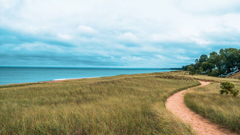 A coastal landscape with a sandy path leading to a beach, surrounded by grassy fields and trees.