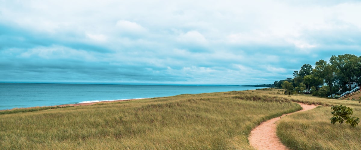 A coastal landscape with a sandy path leading to a beach, surrounded by grassy fields and trees.