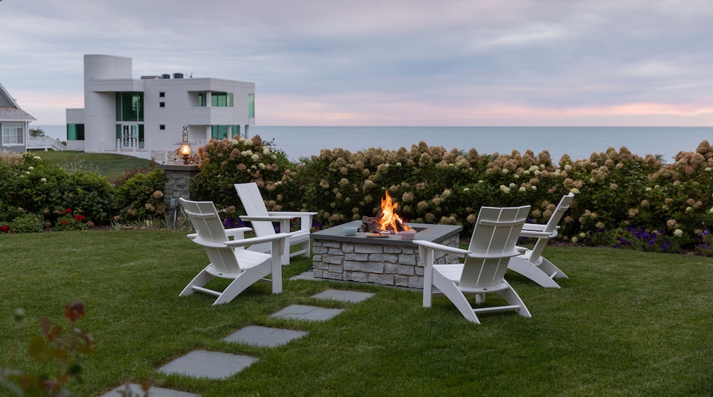 Lake Michigan landscape with bonfire and hygge