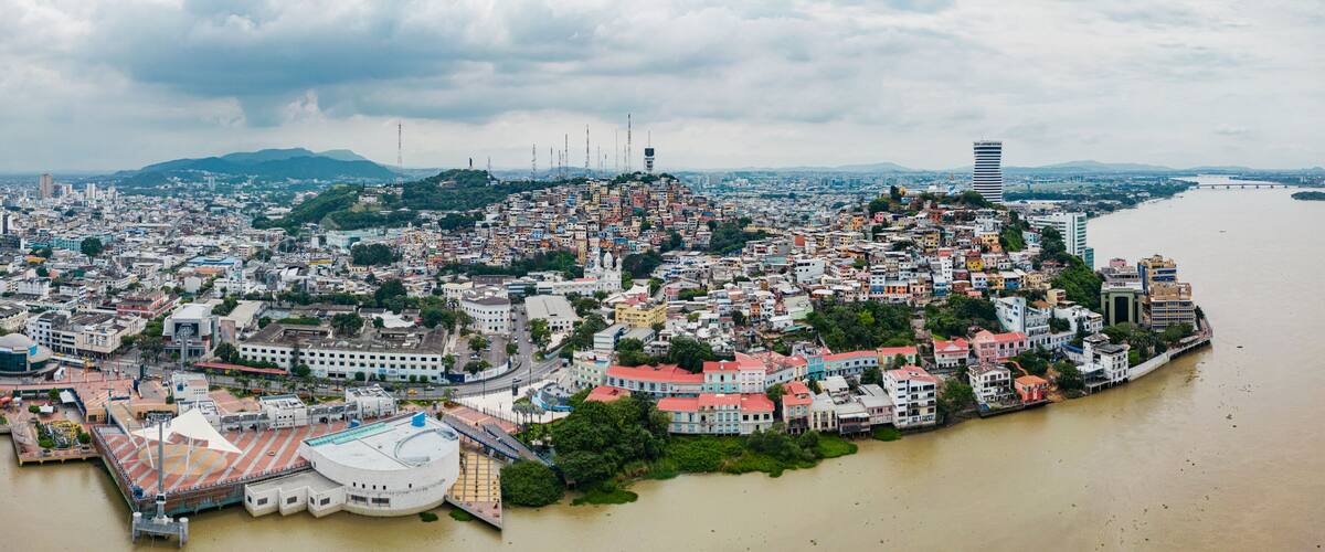Aerial view of Malecon Simon Bolivar and Cerro Santa Ana in Guayaquil, a recreational place for locals and tourists near down town.