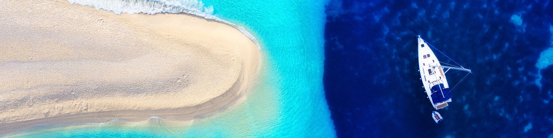 Croatia. Yachts at the sea surface. Aerial view of luxury floating boat on blue Adriatic sea at sunny day. Travel - image