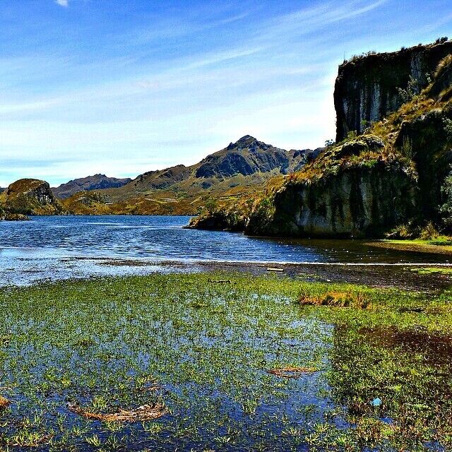 Un paisaje costero con una masa de agua, orilla cubierta de hierba y acantilados rocosos.