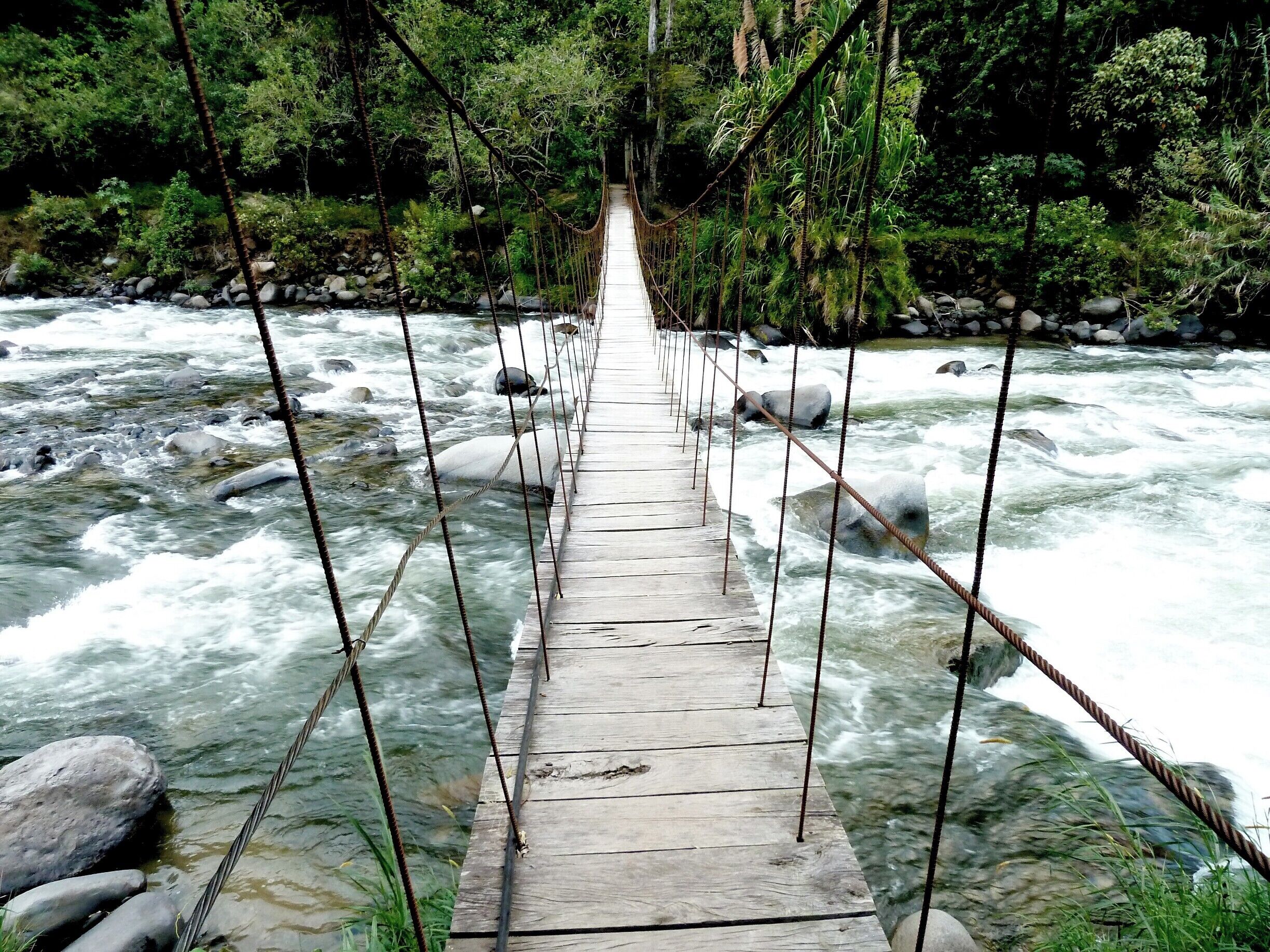 A wooden suspension bridge over a fast-flowing river surrounded by dense forest.