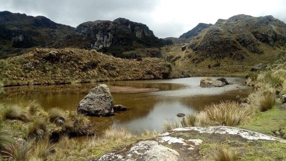 A mountain landscape with a calm river, rocky outcrops, and grassy areas.