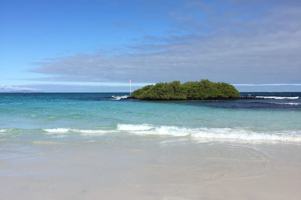 A beach with a small island in the distance.