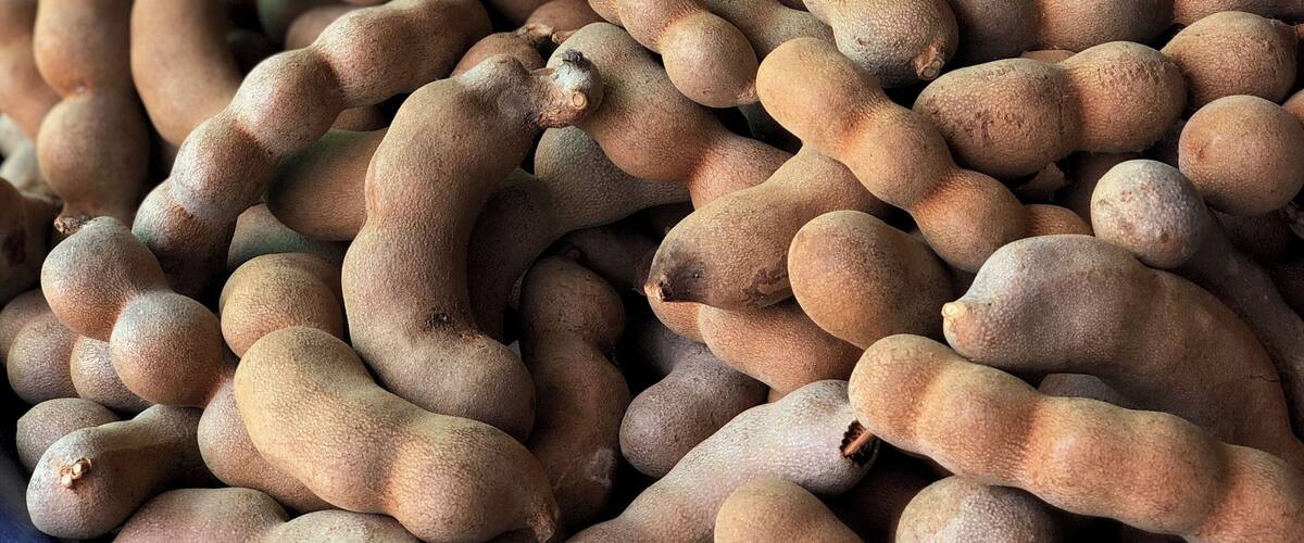 A market stall with a blue bowl filled with brown, curved root vegetables.