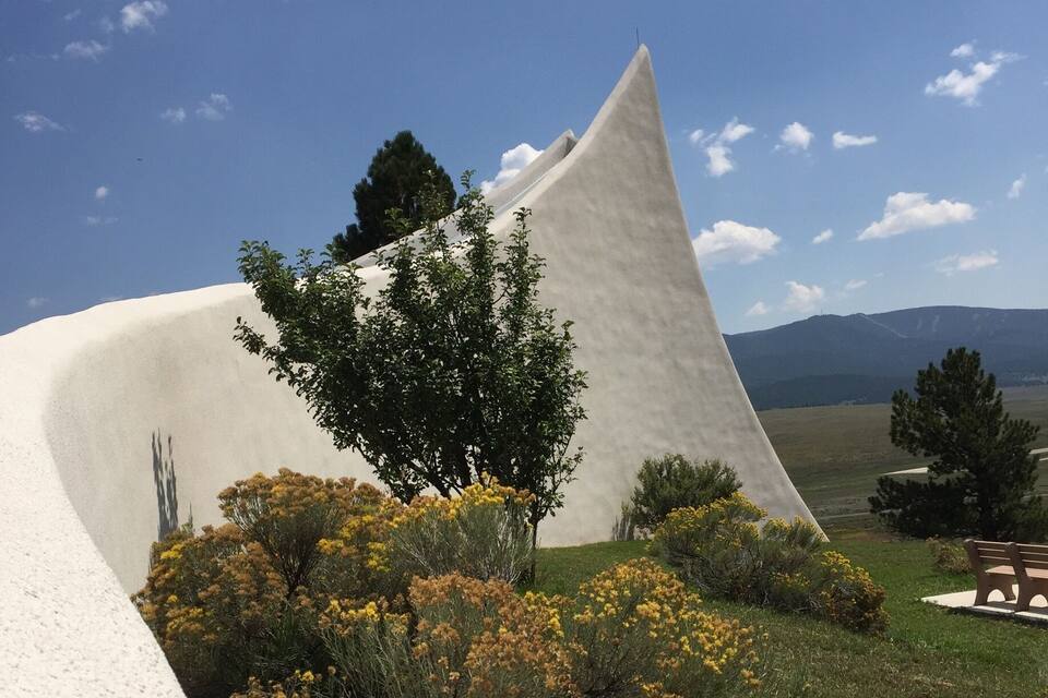 A modern architectural structure with a white, curved facade, surrounded by a grassy area with yellow flowers and a tree.