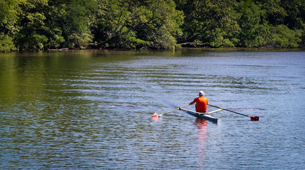 Rowing alone on the Charles River in a single scull boat, in Watertown, MA, USA