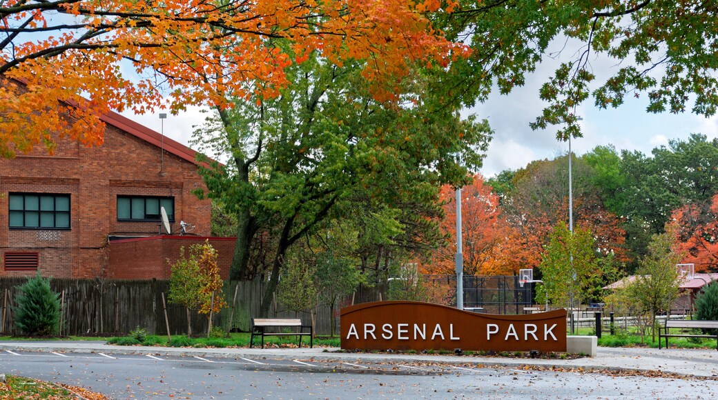 Inviting autumn entrance of Arsenal Park surrounded by colorful fall foliage in Watertown, Massachusetts, USA