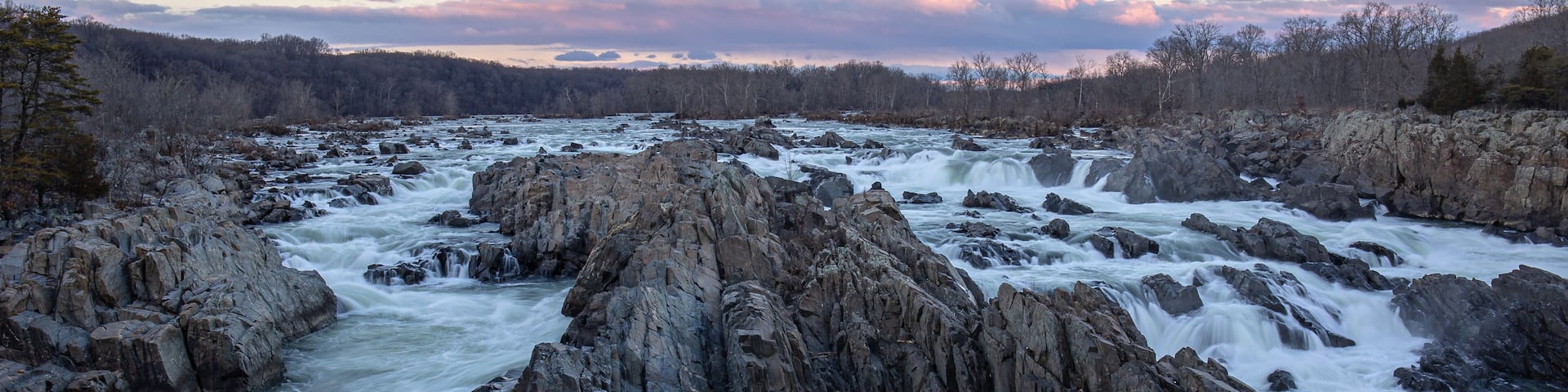 A shot of Great Falls and the Potomac River at sunset