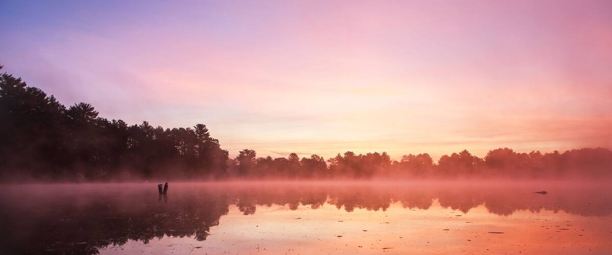 A calm lake at sunrise with mist, trees, and a person standing in the distance.