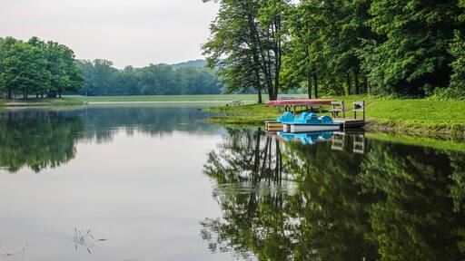 Summer Day At The Lake. Paddleboats and canoes line the shore of the lake at Scioto State Park in Chillicothe, Ohio