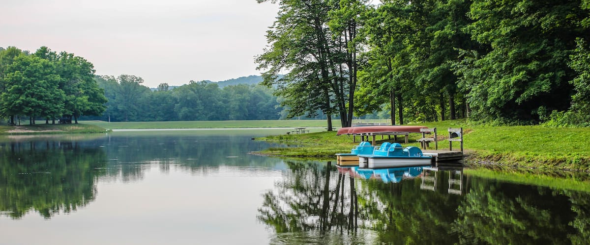 A calm lake with a dock and a boat, surrounded by lush greenery and trees.
