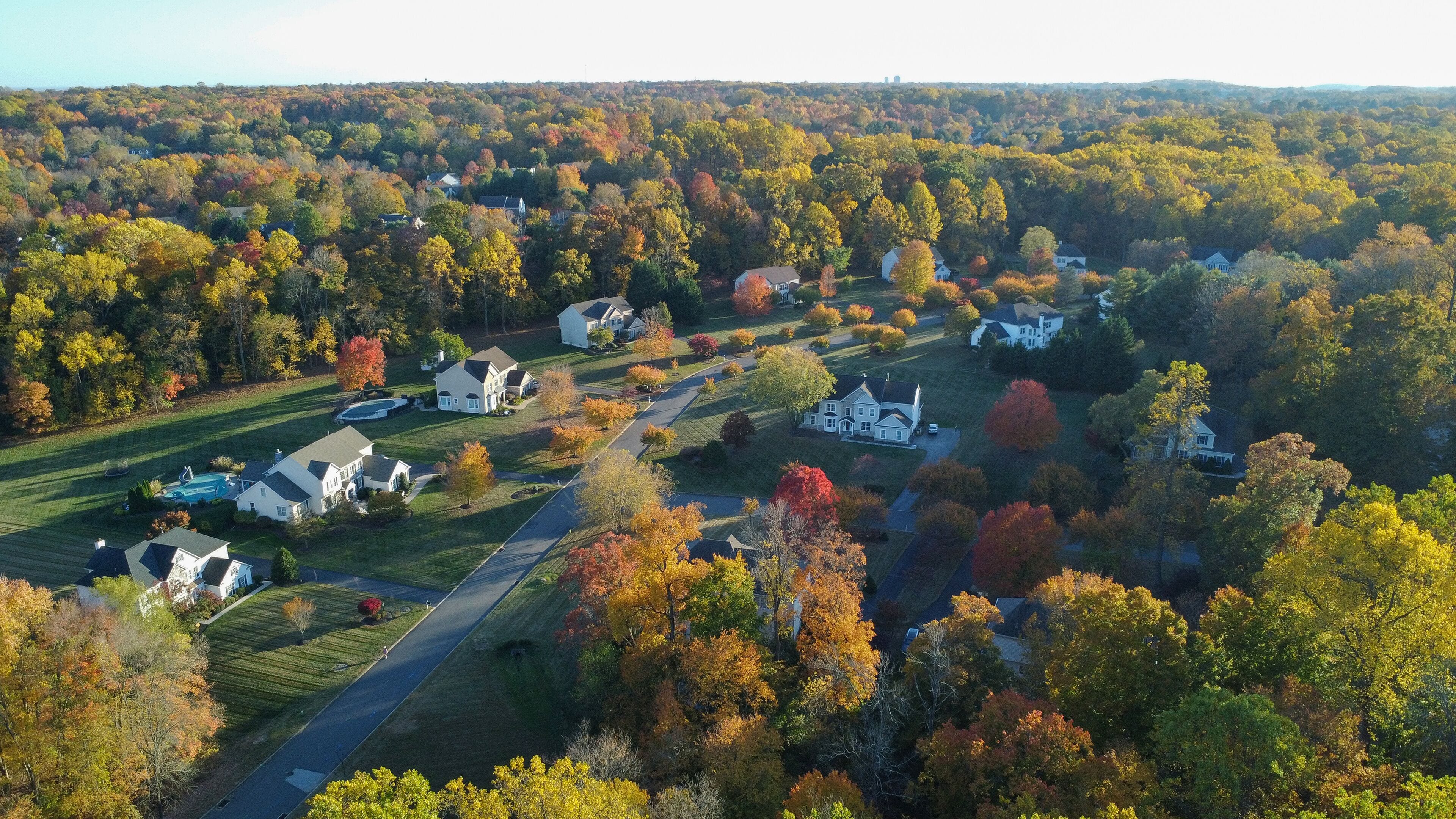 Single family house residential communities in the colorful fall in Garnet Valley, suburb of Philadelphia, Pennsylvania