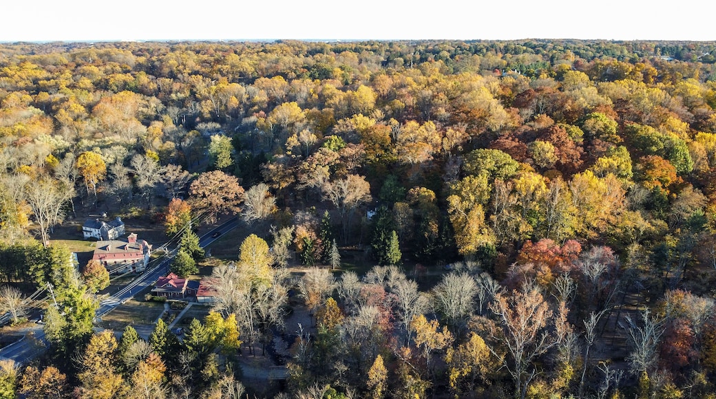 Aerial view of Newlin Grist Mill Park in fall in Glen Mills, Pennsylvania in the suburb of Philadelphia
