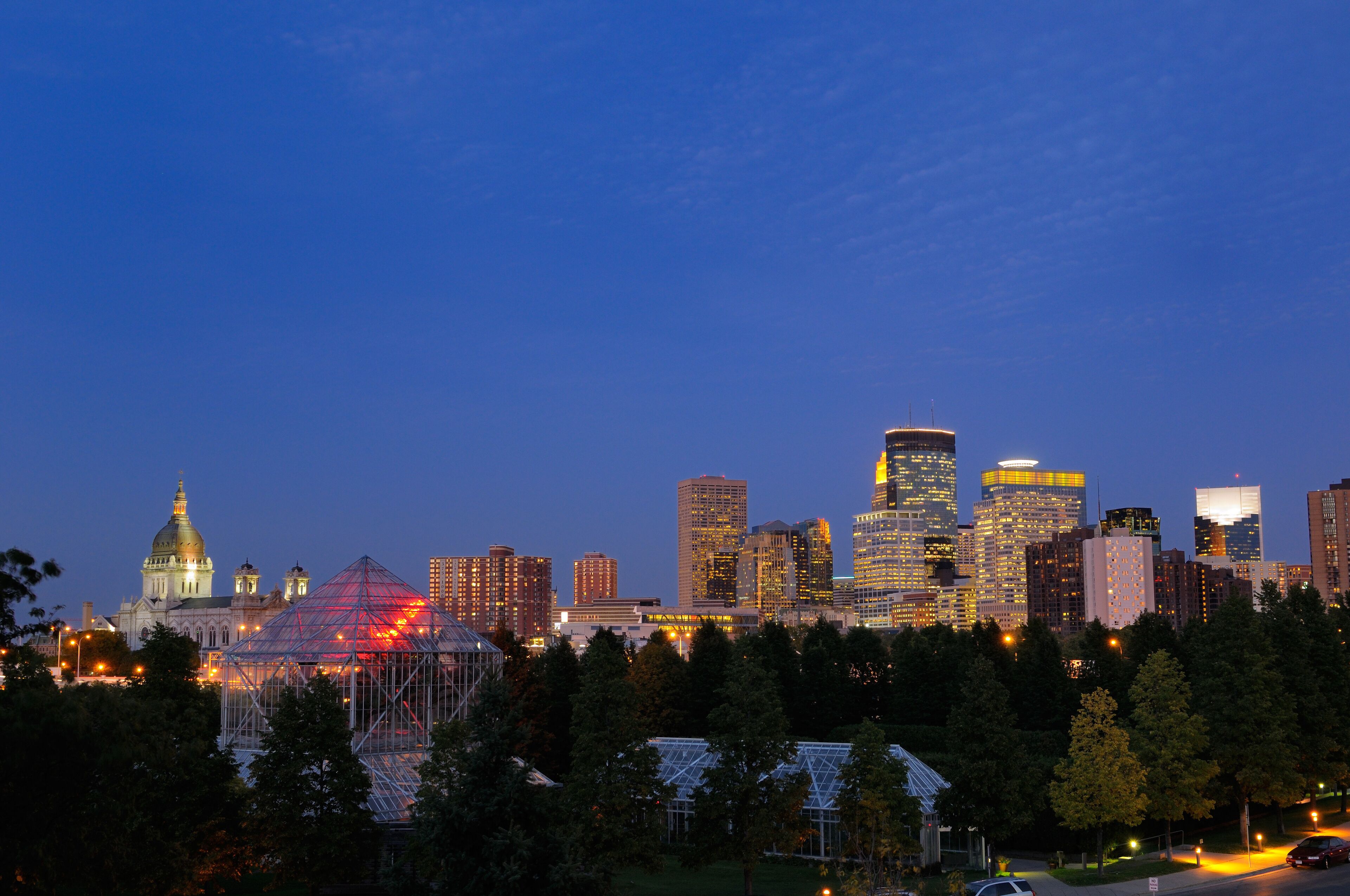 Minneapolis skyline from the Sculpture Garden Greenhouses after dusk