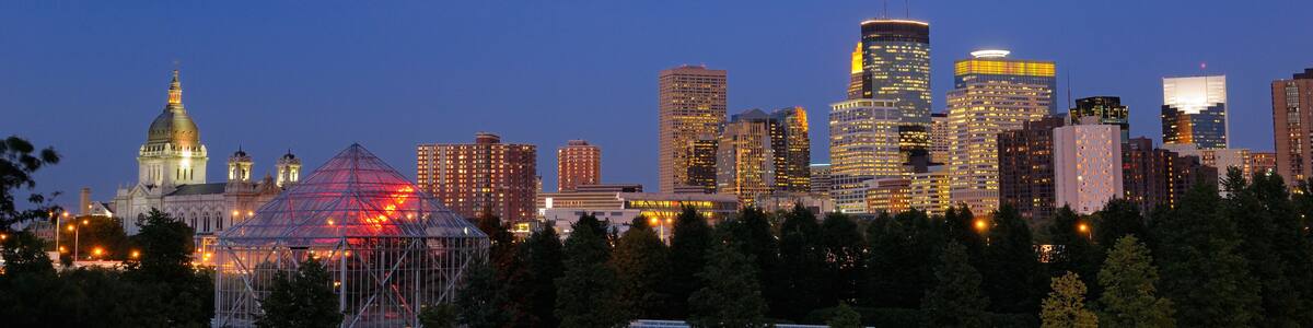 Minneapolis skyline from the Sculpture Garden Greenhouses after dusk