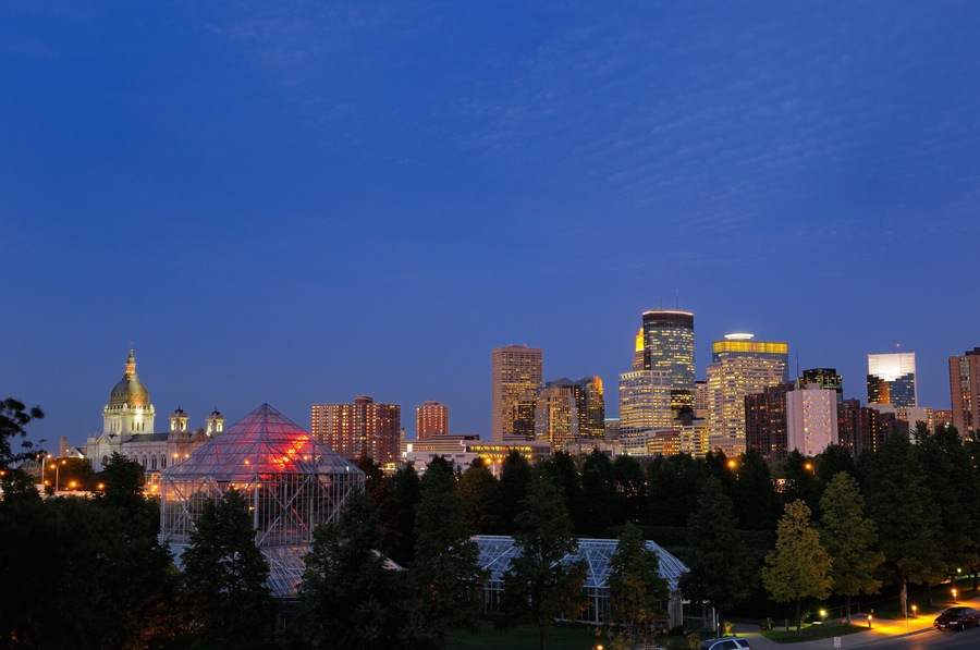 Minneapolis skyline from the Sculpture Garden Greenhouses after dusk