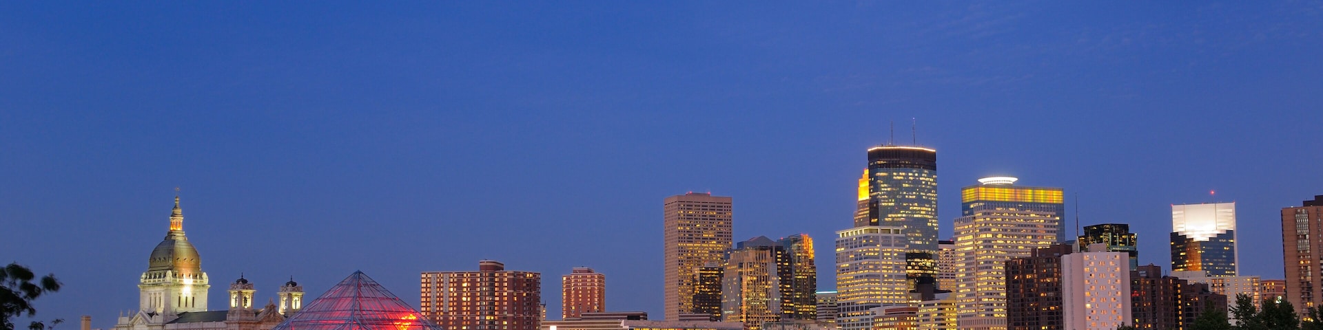 Minneapolis skyline from the Sculpture Garden Greenhouses after dusk