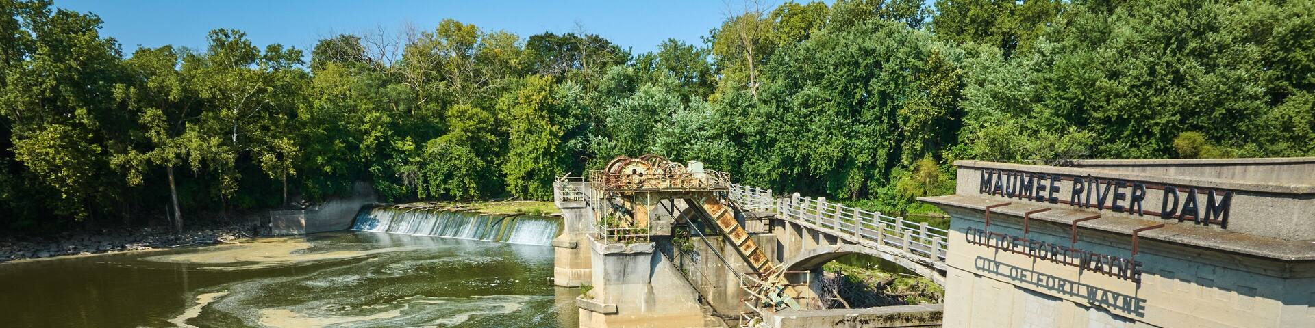 Maumee River Dam City of Fort Wayne aerial with swirling water in basin Fort Wayne, IN