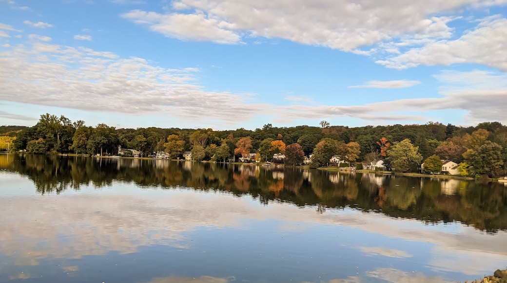 Packanack lake landscape in Wayne with beautiful reflection from the trees and clouds