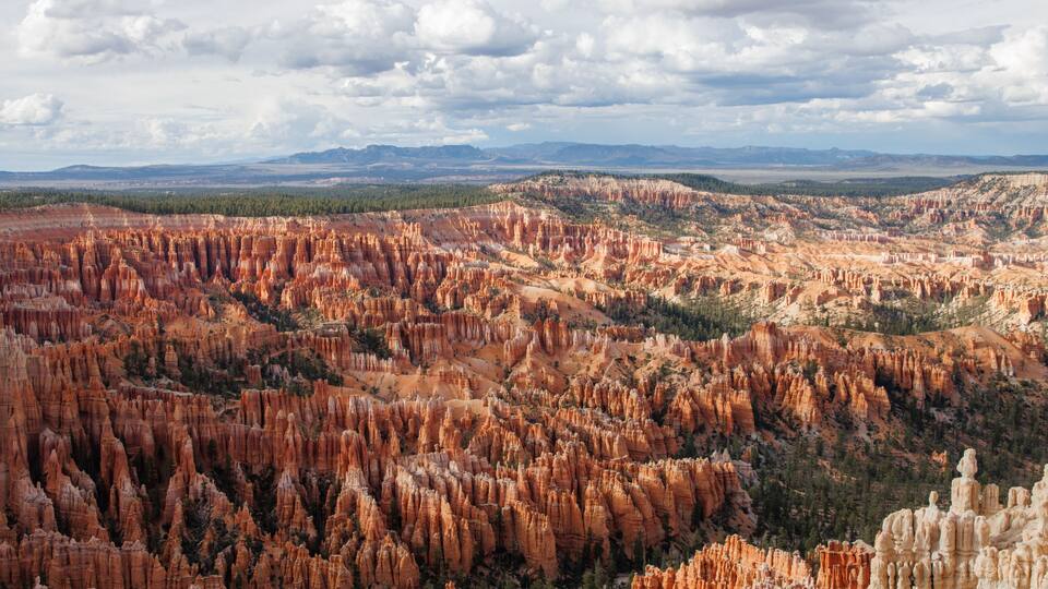 A vast landscape of red rock formations with a distant mountain range under a cloudy sky.