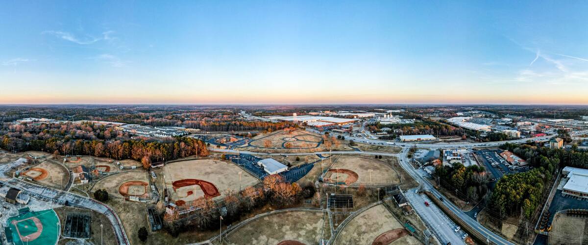 Aerial landscape Legions Park winter after Hurricane Helene Conyers Rockdale County Georgia