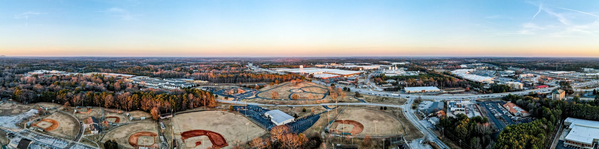 Aerial landscape Legions Park winter after Hurricane Helene Conyers Rockdale County Georgia
