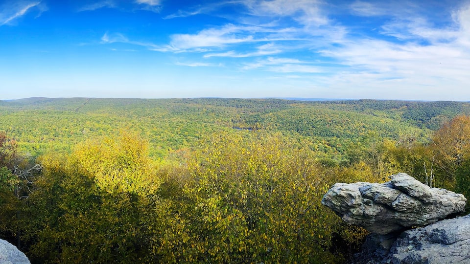 A mountainous landscape with rocky outcrops and dense forest.
