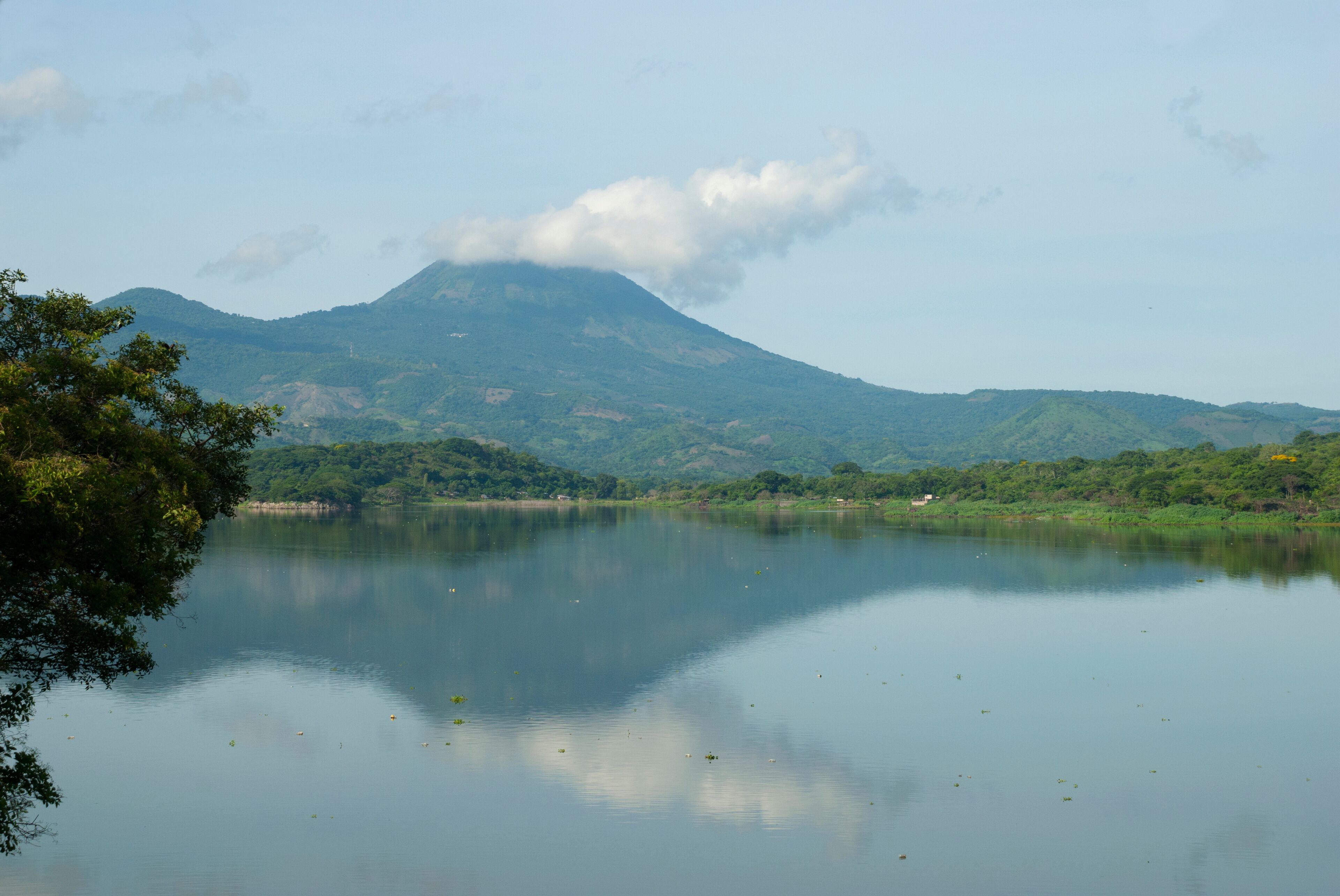 A calm lake with a mountain in the background and some trees in the foreground.