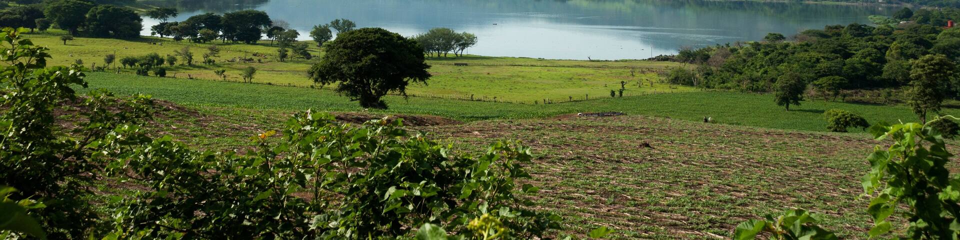 Forest lagoon Atescatempa, mountains and volcano Las Viboras in Guatemala. Jutiapa.
