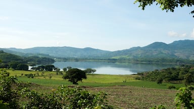Um lago rodeado por colinas verdes e árvores.