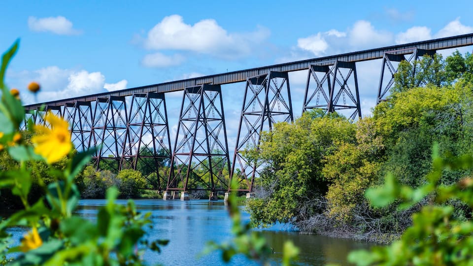 A steel bridge over a river with surrounding greenery.