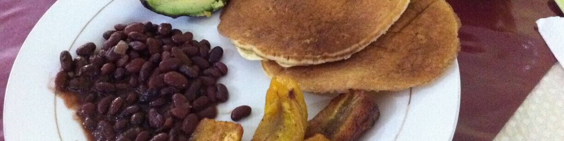 The coffee is fresh because it is grown on local farms. Plus this cup came with frijoles, panqueques, platanos y aguacate!