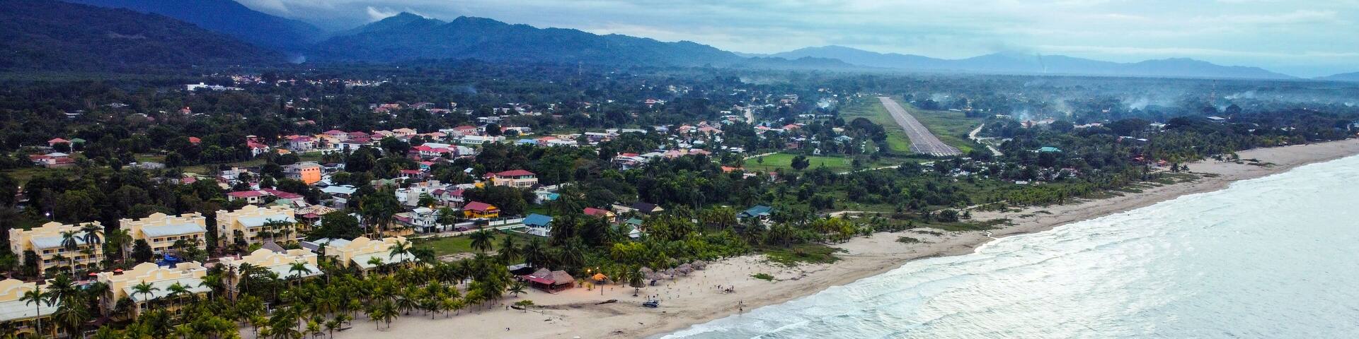 Coastal view of the town and the Caribbean Sea in Tela, Honduras