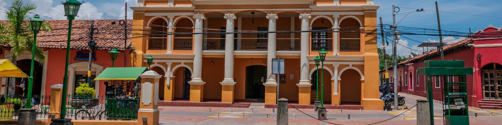 Comayagua, Honduras, 09.26.2025: view of the municipal building in the main square of the colonial city.