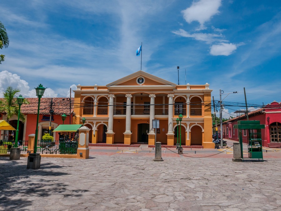 Comayagua, Honduras, 09.26.2025: view of the municipal building in the main square of the colonial city.