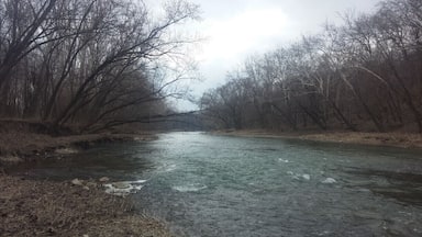A view down river of the perplexingly named Stillwater River that moves through Englewood Metro Park.
