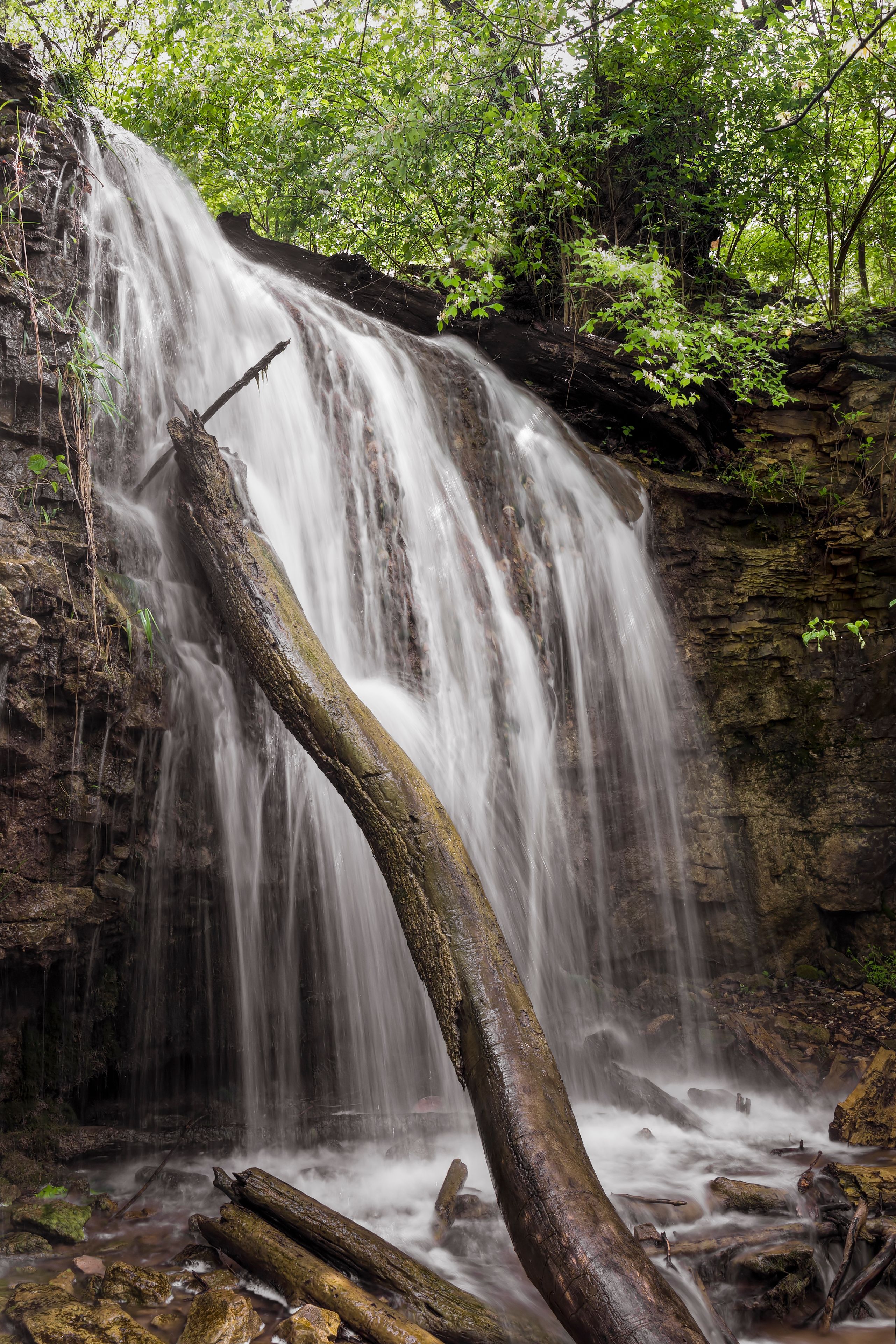 A waterfall cascading over a rocky cliff surrounded by lush greenery.