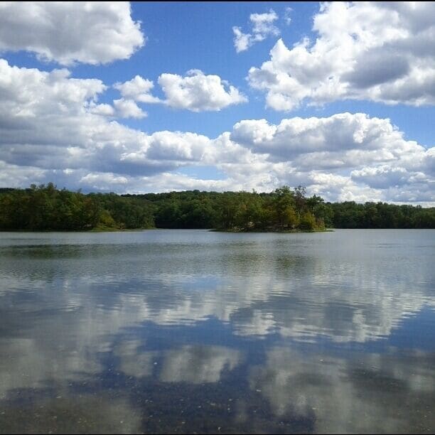 The clouds reflecting off of Hargus Lake.