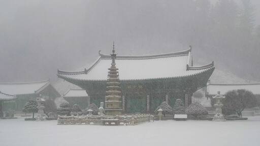 Pyeongchang-gun, Gangwon-do, South Korea - The Woljeongsa Temple in Pyeongchang, where snowfall is taking place