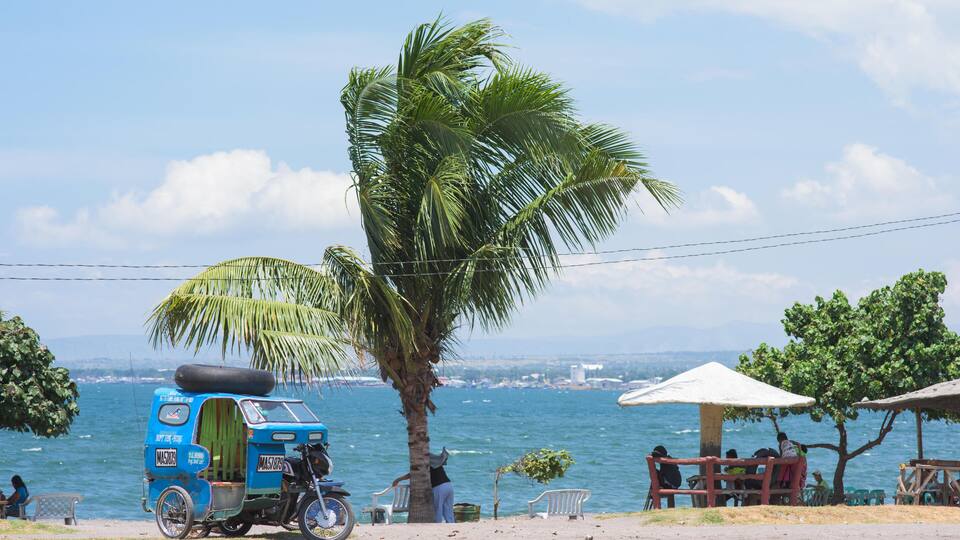 A blue three-wheeled vehicle parked by a palm tree, a beach with people sitting on chairs, and a view of the ocean.