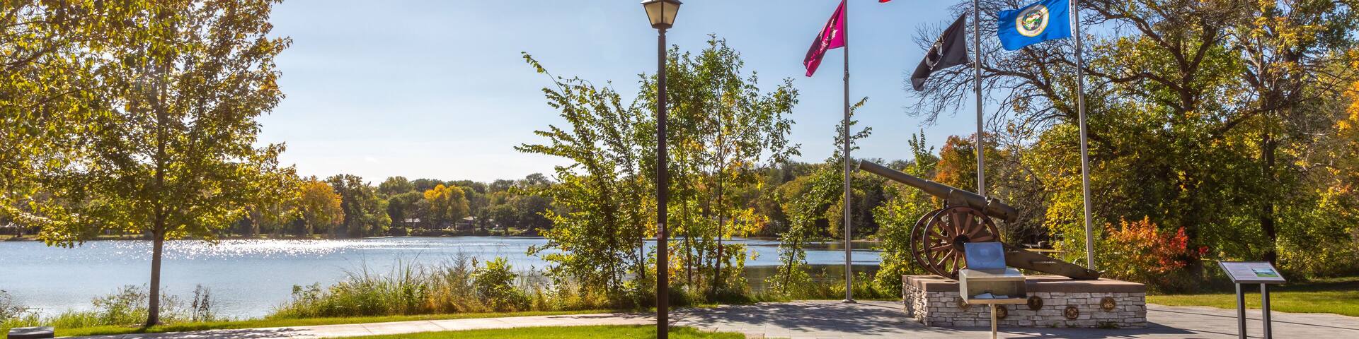 Veterans memorial area in Jordan Minnesota on the Mill Pond at Lagoon Park